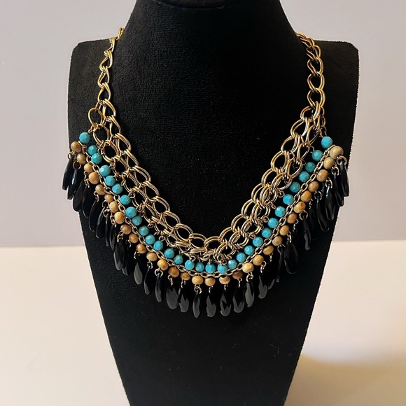 Jewelry - Statement Bib Necklace Gold Tone Turquoise Black And Wooden Beads Dangle Boho